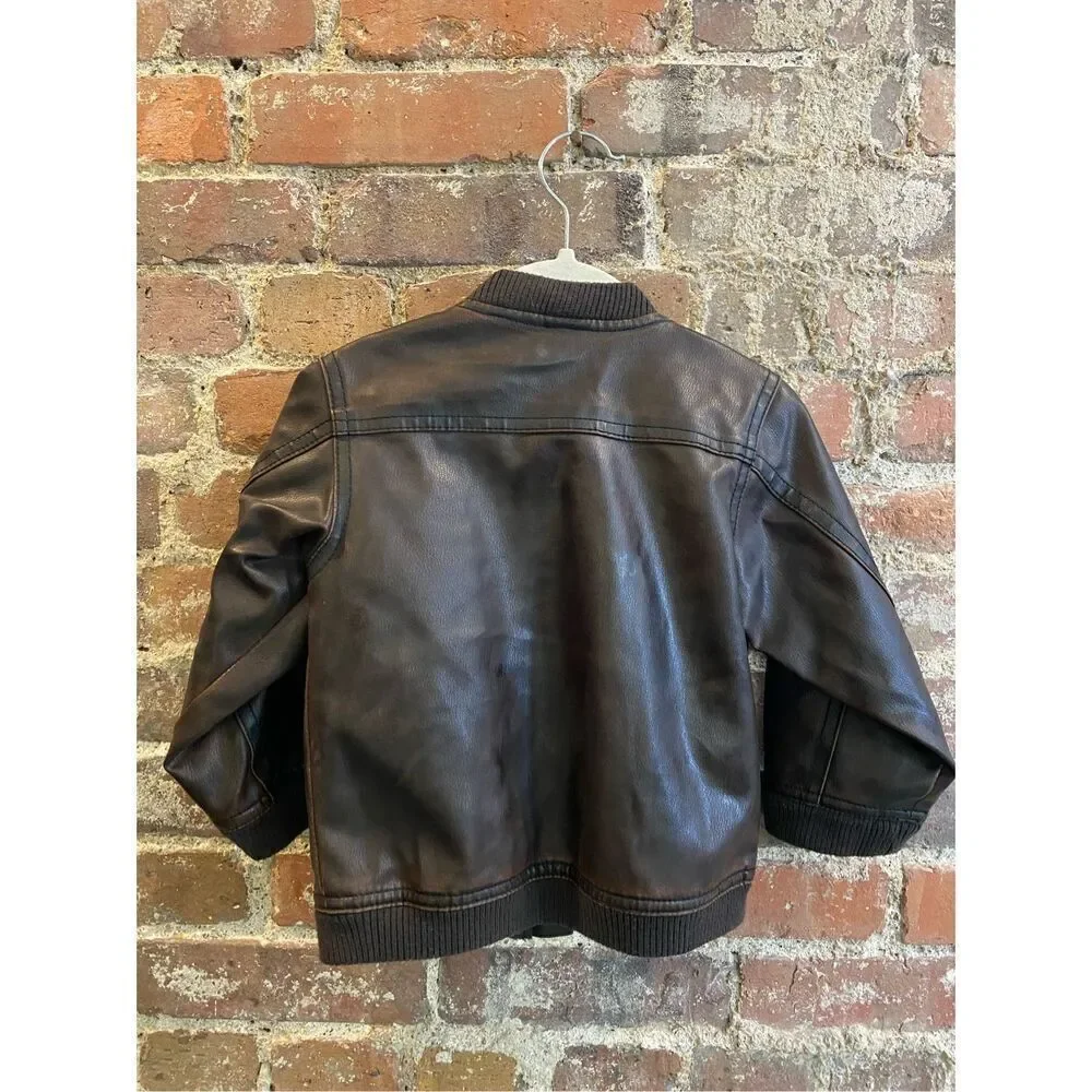 -Tout Compte Fait- bébé Dark Brown Faux Leather Baby Bomber Jacket with Zebra Em